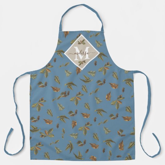 Tablier Dusty Blue Rustic Feuilles Brown Monogramme (Recto)