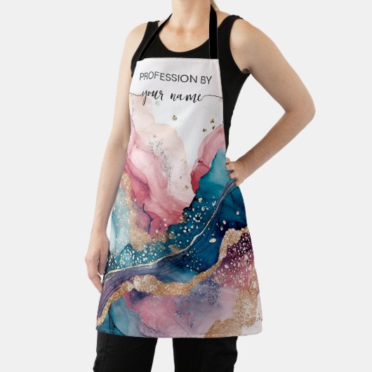 Tablier Écriture moderne aquarelle rose et or (Insitu)