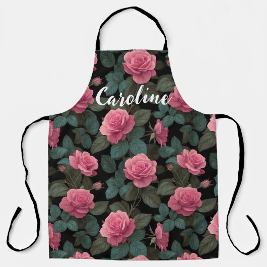 Tablier Editable Pink Roses on Black Floral Pattern Custom (Recto)