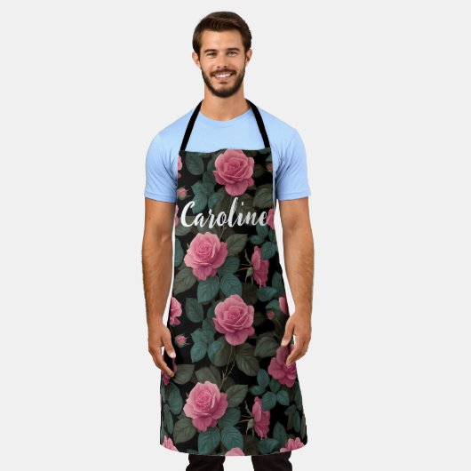 Tablier Editable Pink Roses on Black Floral Pattern Custom (Porté)