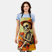 Tablier Éffrayant Automne Skeleton's Coffee Break Design (Porté)