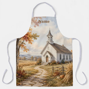 Tablier Église de campagne automnale, paysage à l'aquarell
