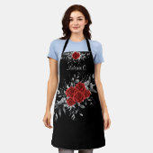 Tablier Elégance sans effort noir & blanc avec Roses rouge (Porté)