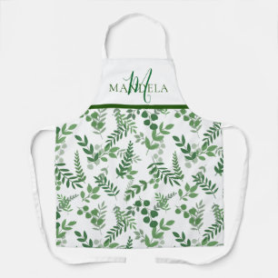 Tablier élégant à motif de feuille verte et monogr
