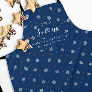 Tablier Élégant bleu Hiver flocons et points personnalisés
