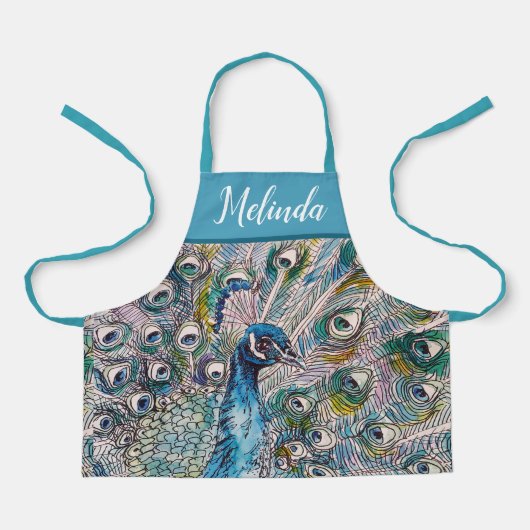 Tablier Elégant bleu Peacock Aquarelle Art Kids Apron (Recto)