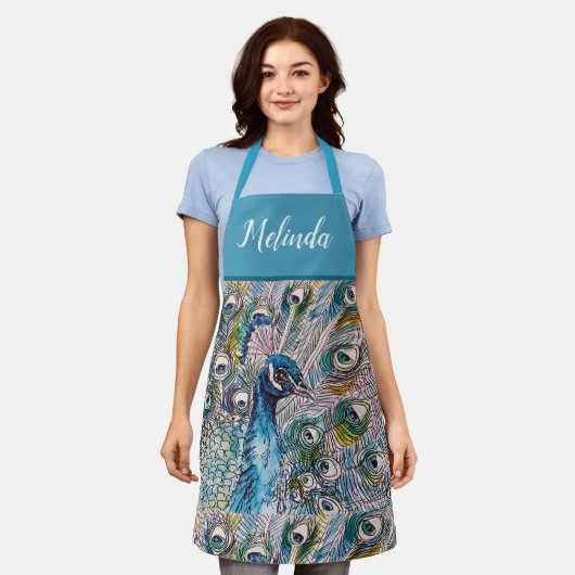 Tablier Elégant bleu Peacock Aquarelle Art Womans Apron (Porté)