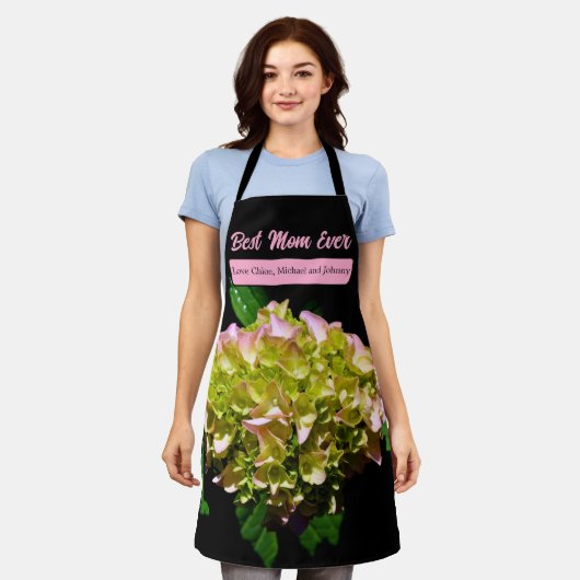 Tablier Élégant boho vert jaune rose Hydrangea fleurs (Porté)