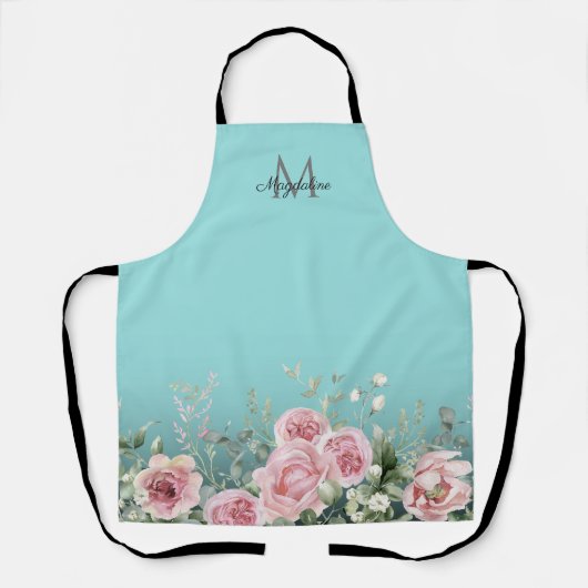 Tablier Élégant Botanique Turquoise Nom du script Monogram (Recto)