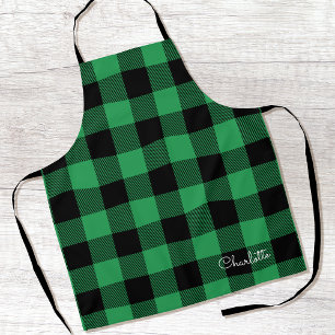 Tablier Élégant Buffalo Plaid Nom personnalisé Script Vert