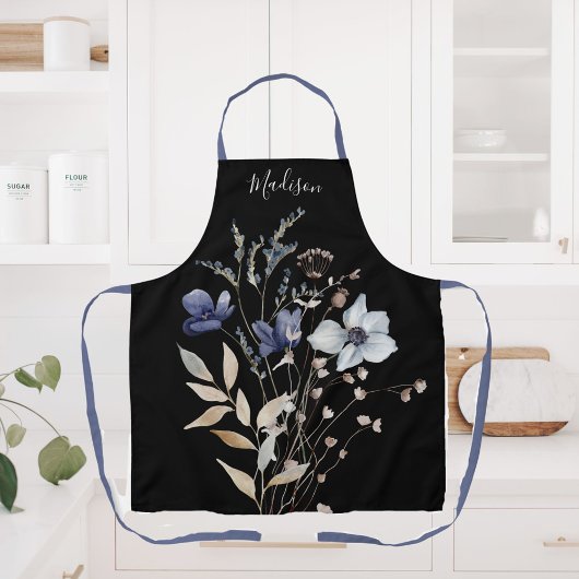Tablier Élégant Chic Fleur Bleue Aquarelle Monogrammée