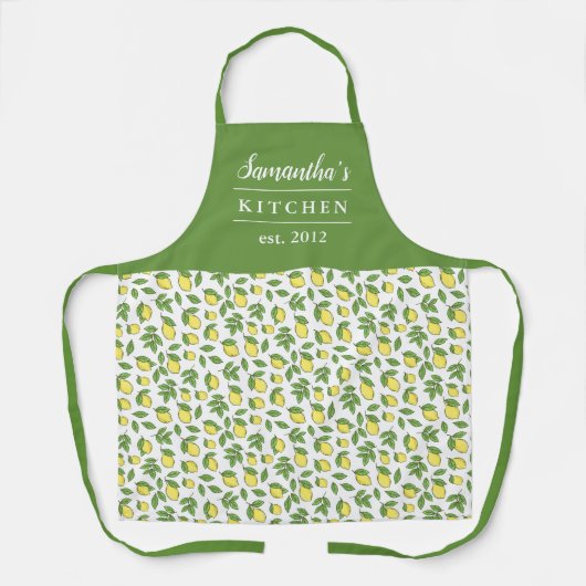 Tablier Élégant citron Motif vert jaune Nom (Recto)