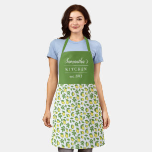 Tablier Élégant citron Motif vert jaune Nom