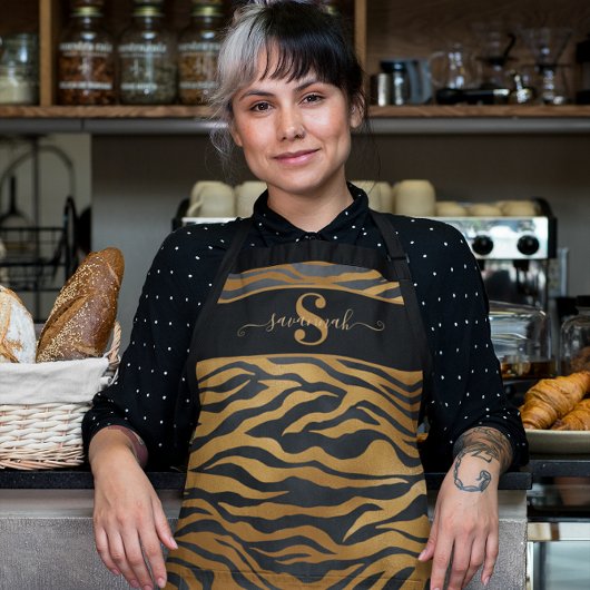 Tablier Élégant Classy Monogram Nom Gold Black Leopard Ap