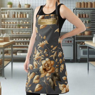Tablier Élégant modèle or floral foncé boulangerie gris fo