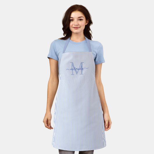 Tablier Elegant Monogram Name Blue Stripe (Porté)