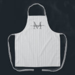 Tablier Elegant Monogram Name Gray Stripe<br><div class="desc">Add a touch of elegance to everyday cooking and baking with this feminine personalized apron. Featuring a soft gray and white striped background, this stylish apron is beautifully finished with your initial and name in a fancy script font, creating a timeless and sophisticated look. Perfect for home cooks, bakers, entertainers,...</div>