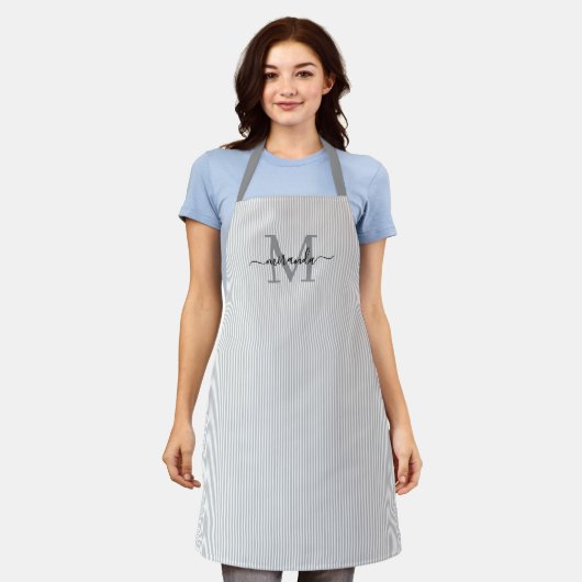 Tablier Elegant Monogram Name Gray Stripe (Porté)