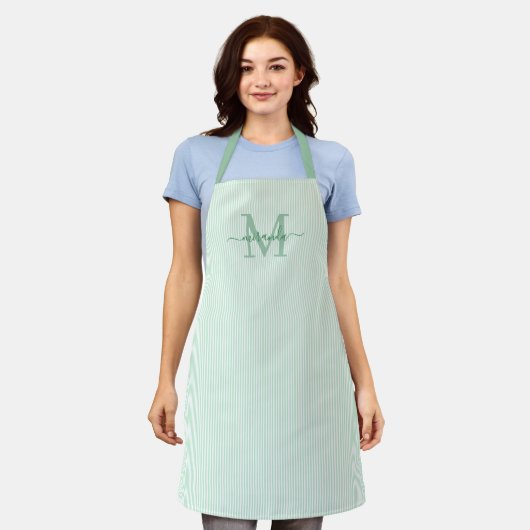 Tablier Elegant Monogram Name Green Stripe (Porté)