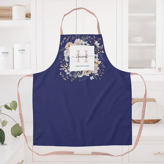 Tablier Elegant Monogram Pretty Beige Blue Flowers Floral