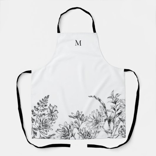 Tablier Elégant Monogramme Blanc Floral Vin Apron (Recto)