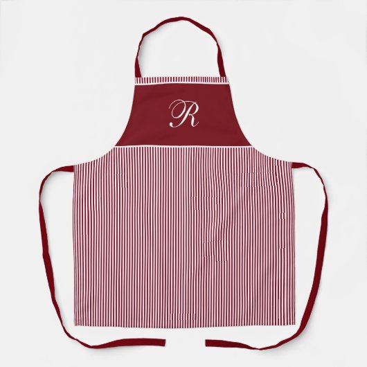 Tablier Élégant monogramme de script rayure rouge bordeaux (Recto)