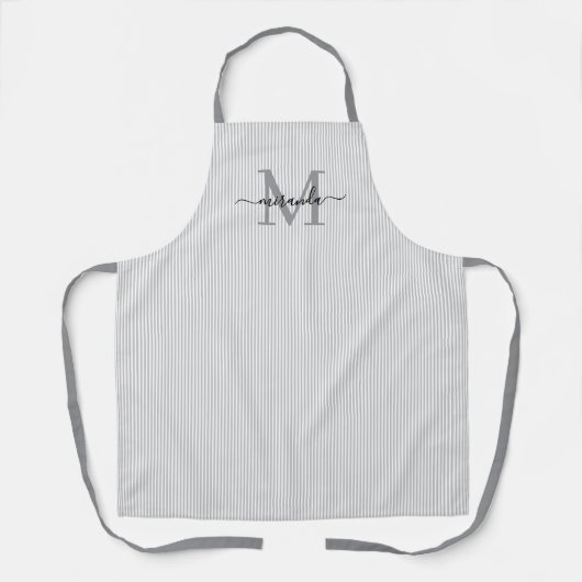Tablier Élégant Monogramme Nom Rayure Grise (Recto)