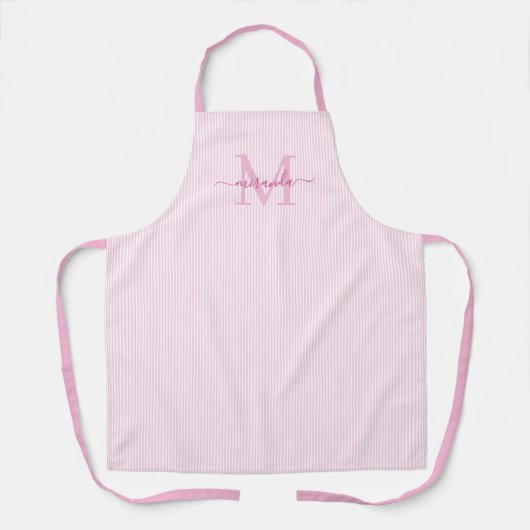 Tablier Élégant Monogramme Nom Rayure Rose (Recto)