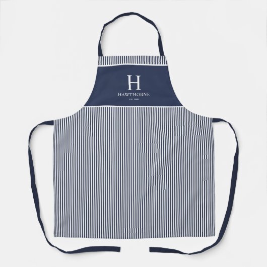 Tablier Élégant Monogramme Rayure Bleu Marine Nom (Recto)
