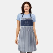 Tablier Élégant Monogramme Rayure Bleu Marine Nom (Porté)