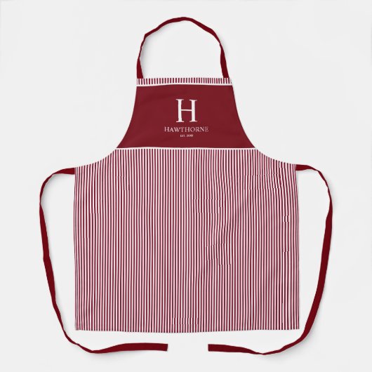Tablier Élégant Monogramme Rayure Rouge Bourgogne Nom (Recto)