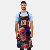 Tablier Élégant monogramme romantique orange rouge floral (Porté)