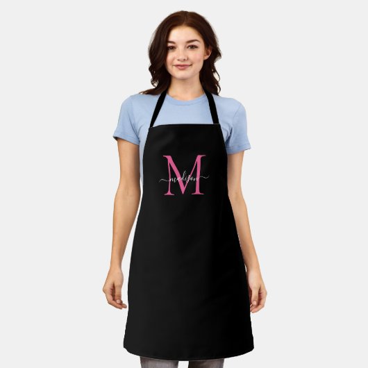 Tablier Élégant Monogramme rose noir Girly Feminine Script (Porté)