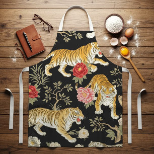 Tablier Élégant motif de chinoiserie noir avec tigre et pi