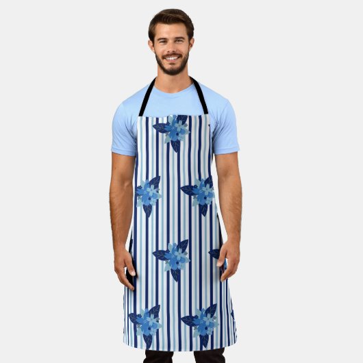 Tablier Élégant motif floral rayures Monochromatique bleu (Porté)