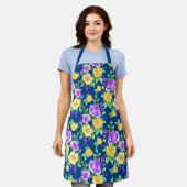 Tablier Élégant motif floral rose jaune violet (Porté)