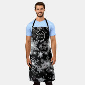 Tablier Élégant Noël noir blanc argent flocons de neige (Porté)
