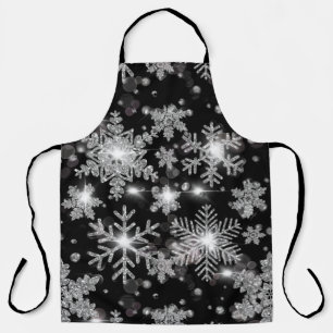 Tablier Élégant Noël noir blanc argent flocons de neige