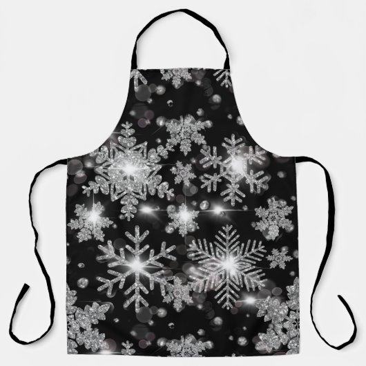 Tablier Élégant Noël noir blanc argent flocons de neige (Recto)