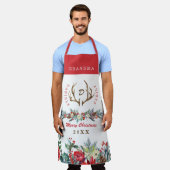 Tablier Élégant Noël rouge fleuri nom de famille monogramm (Porté)