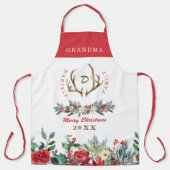 Tablier Élégant Noël rouge fleuri nom de famille monogramm (Recto)