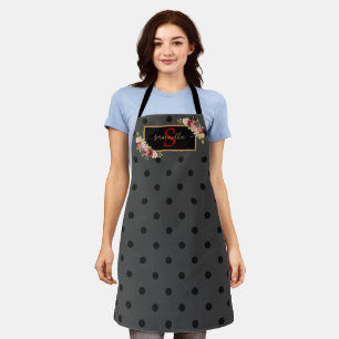 Tablier Élégant noir à pois et roses personnalisé
