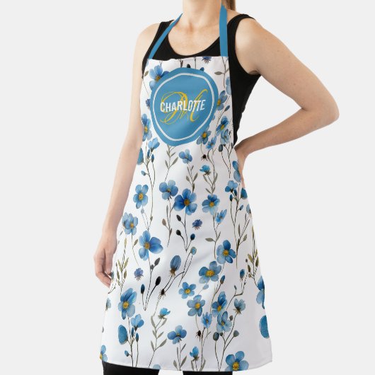 Tablier Élégant nom de monogramme floral bleu (Insitu)