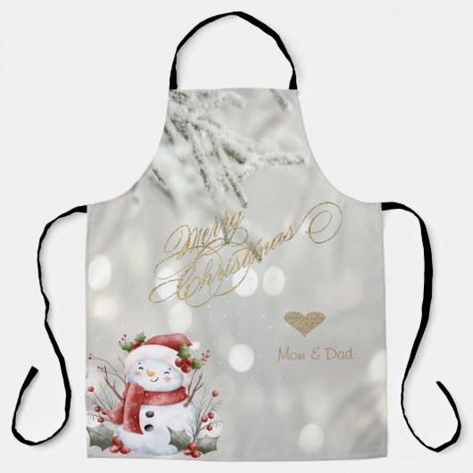 Tablier Élégant Parties scintillant or Coeur Snowman (Recto)