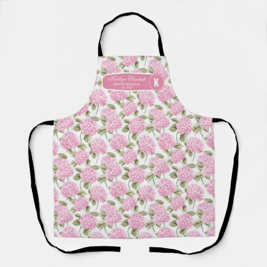 Tablier Elegant Pink Hydragea Flowers Pattern Monogram (Recto)