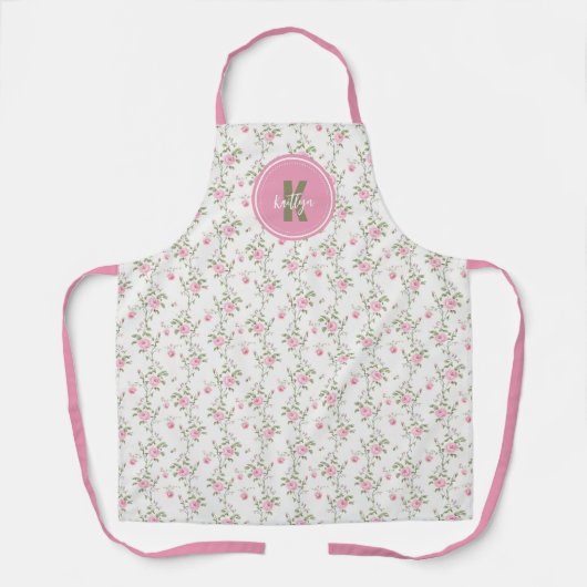 Tablier  Elegant Pink Roses Flowers Pattern Monogram (Recto)