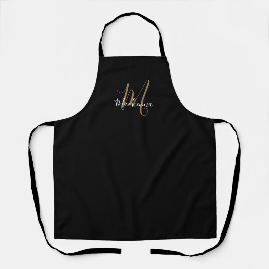 Tablier Élégant Script Black Gold Girly Monogramme Cuisine (Recto)