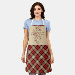 Tablier Élégant Tartan Rouge et Beige à Carreaux Cuisine d