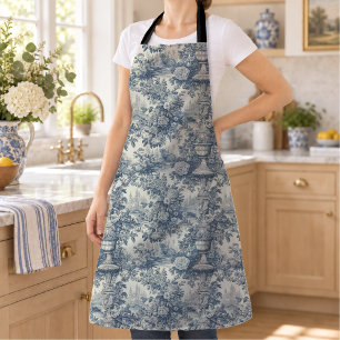 Tablier Élégant vintage bleu toile de jouy monogramme