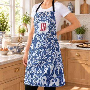 Tablier Elégant vintage damassé marine bleu jaune monogram